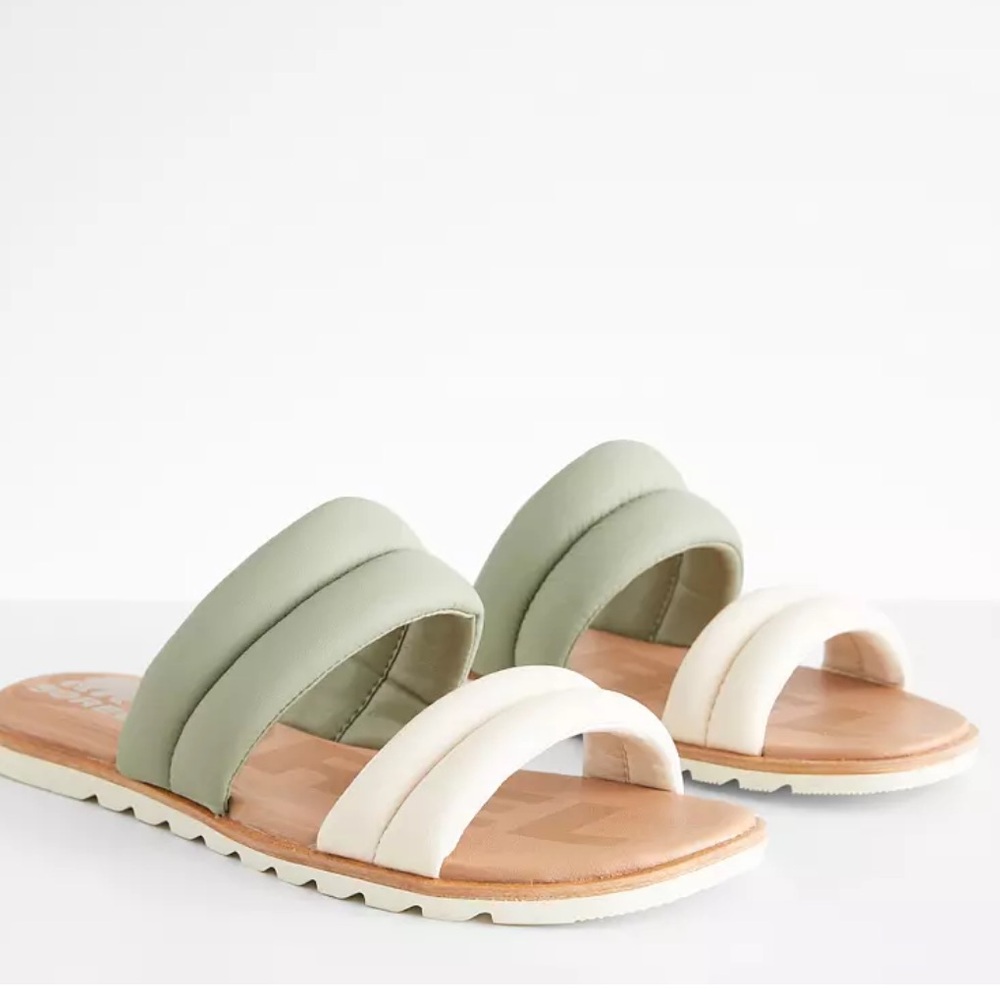 Sorel Women's Ella II Puff Slide Sandals in Sage Green + Off White, Size 9